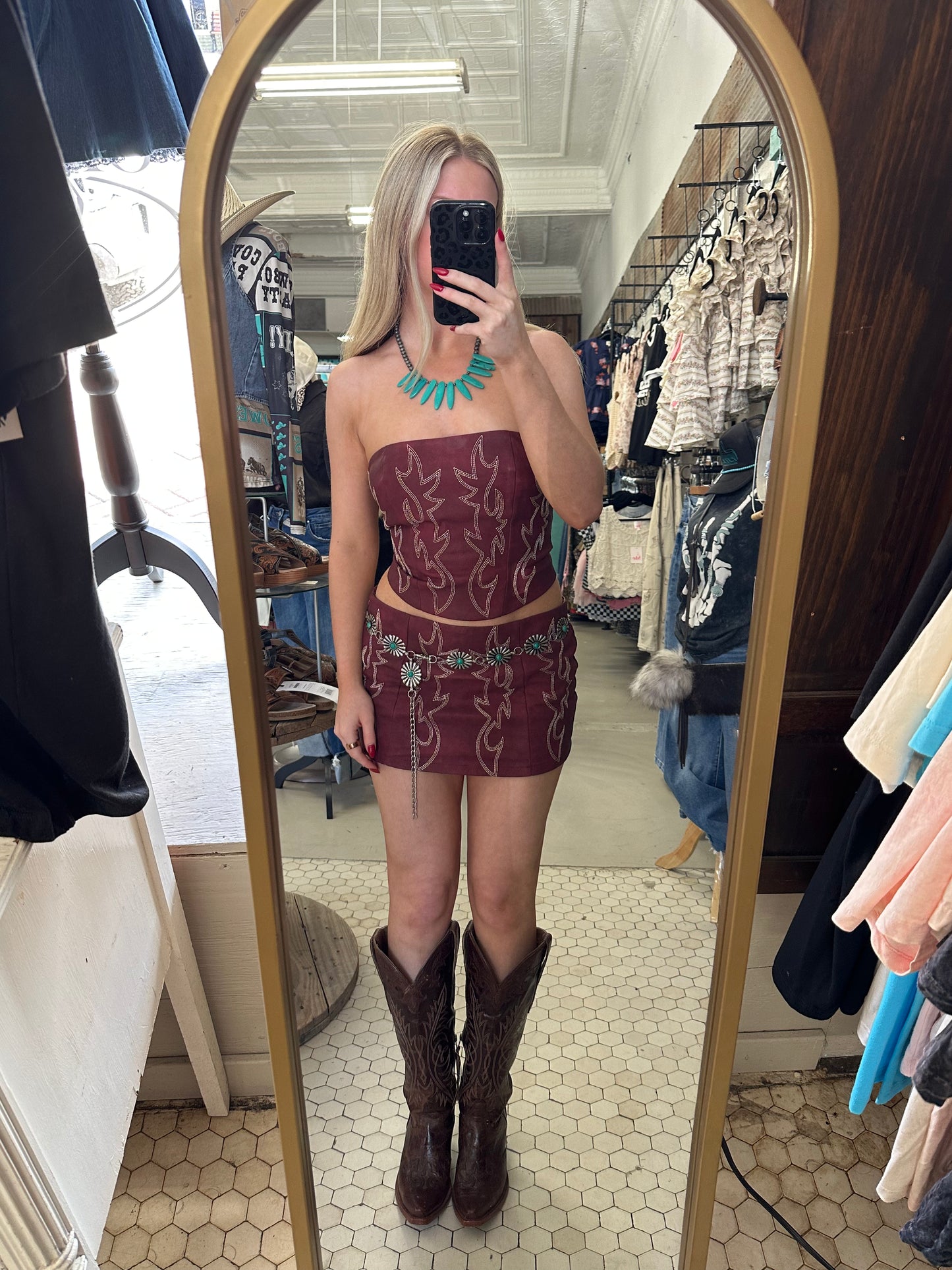 Western Leather Stitched Low-Rise Mini Skirt